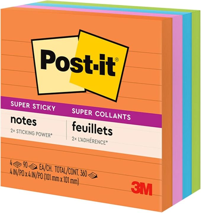 Post-it Super Sticky Notes, 4x4 in, 4 Pads, 2X The Sticking Power, Rio de Janerio Collection, Bright Colors (Orange, Pink, Blue, Green),Recyclable (675-4SSUC) (Pack of 6)