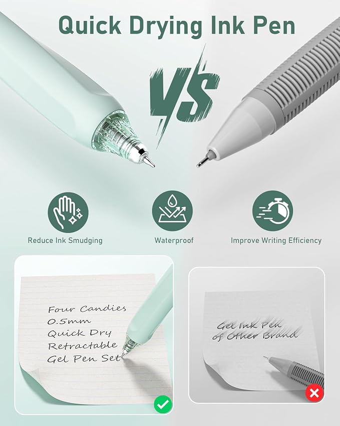 Four Candies Writing Ink Pens with Black & Green Ink and 2Pack Highlighter, Retractable 0.5mm Smooth Fine Point Pens,Green Pens for School, Office Girly Stationery Aesthetic Desk Accessories Set of 14