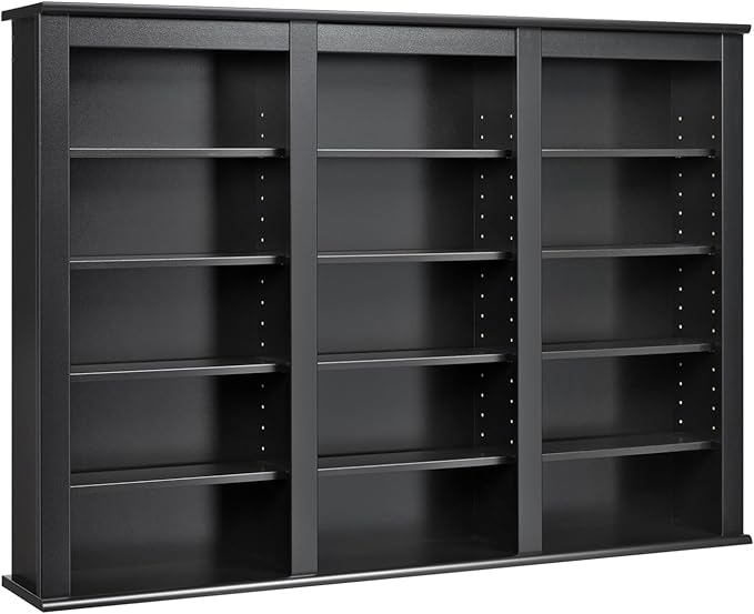 Prepac 3 Column Display Cabinet, Black Storage Cabinet with 12 Adjustable Shelves, Wall DVD Storage for Living Room 8.25" D x 47" W x 34" H