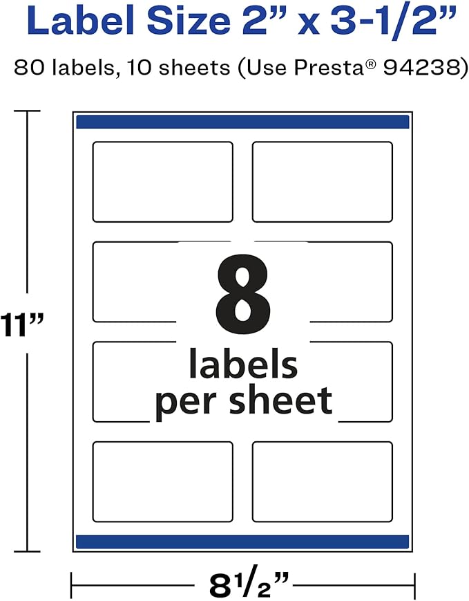 Avery Glossy White Rectangle Labels, Sure Feed Technology, 2" x 3.5", 80 Glossy White Labels, Print-to-The-Edge, Permanent Adhesive, Laser/Inkjet Printable