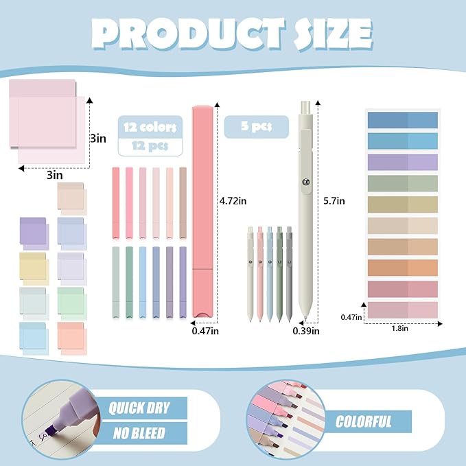 Jutom 39 Pcs Aesthetic Book Annotation Kit Highlighter with Pencil Case Bag Gel Pen Transparent Sticky Note Taking Bible Study College School Supplies(Purple,Cute Style)