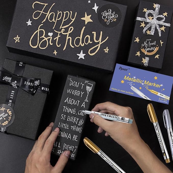 Dyvicl Metallic Markers Pens - Silver and Gold Paint Pens for Black Paper, Glass, Rock Painting, Halloween Pumpkin, Card Making, Scrapbook Album, Christmas DIY Art Craft Kids, Set of 4