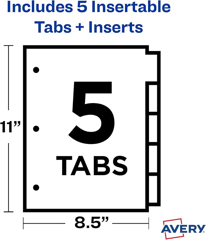 Avery Dividers for 3 Ring Binders, 5-Tab Binder Dividers, Plastic Binder Dividers, Insertable Big Tabs, Multicolor, 1 Set (11900) (Pack of 2)