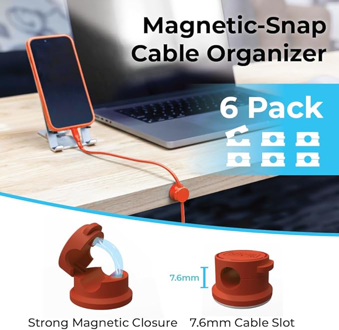 BLACK+DECKER Magnetic Cord Organizer Holder, 6 Pack Magnetic Cable Clips, Under Desk Cable Management, Strong Adhesive Cord Holder for Nightstand Kitchen Appliances Car Wall Office (Coral Rose)