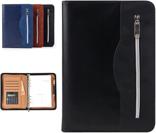 SAYEEC A5 Executive Conference Folder Business Notebook Zipped Organizer with Calculator Travel Portfolio binder Faux Leather Loose Leaf Paper Lined Refillable Journal Gift for Men