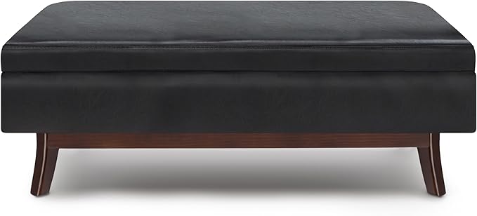 SIMPLIHOME Owen Rectangular Storage Ottoman - 48 inch Wide Upholstered Vegan Leather Lift-Top Ottoman in Midnight Black, Mid-Century Modern Ottoman for Living Room with Tufted Detail