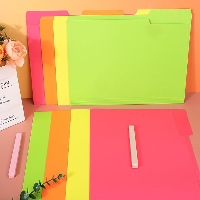 Whaline 24 Pack Neon Colored File Folders Letter Size Pink Orange Yellow Green File Pockets with 1/3 Cut Tab for Home Office Classroom Supplies, 8.9 x 11.6 Inch, 4 Colors