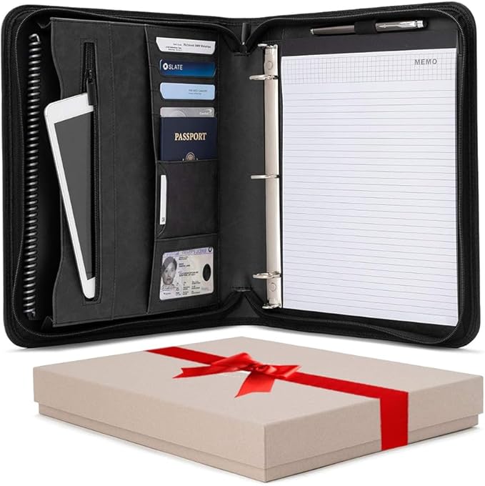 Forevermore Portfolios Padfolio Binder - Professional Faux Leather Travel Organizer Pouch for Tablet, Documents, Presentation Folders, Zipper Closure, Removable 3-Ring Notepad - Black