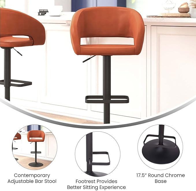 Flash Furniture Erik Comfortable & Stylish Contemporary Barstool with Rounded Mid-Back and Foot Rest, Adjustable Height - Cognac Vinyl with Black Base