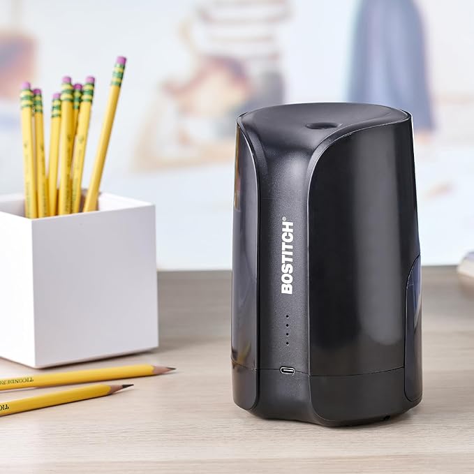 Bostitch Portable Rechargeable Battery Vertical Pencil Sharpener Helical Blade for No.2/Colored Pencils, Black