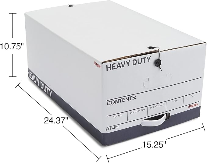 STAPLES Heavy Duty File Box, String and Button Lid, Legal, White/Gray, 4/Pack