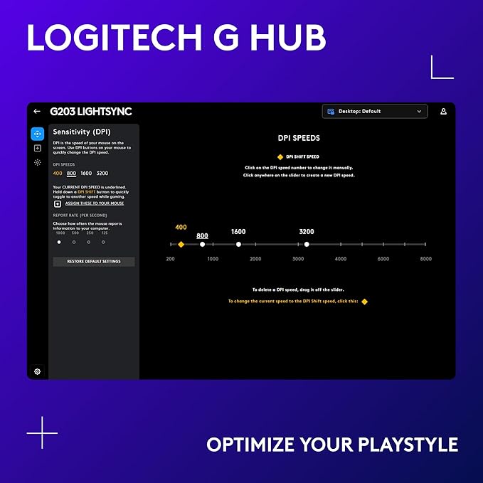 Logitech G203 Wired Gaming Mouse, 8,000 DPI, Rainbow Optical Effect LIGHTSYNC RGB, 6 Programmable Buttons, On-Board Memory, Screen Mapping, PC/Mac Computer and Laptop Compatible - White