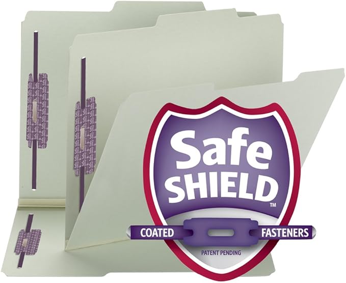 Smead Pressboard Fastener File Folder with SafeSHIELD Fasteners, 2 Fasteners, 2/5-Cut Tab Right of Center Position, 2" Expansion, Guide Height, Letter Size, Gray/Green, 25 per Box (14982)