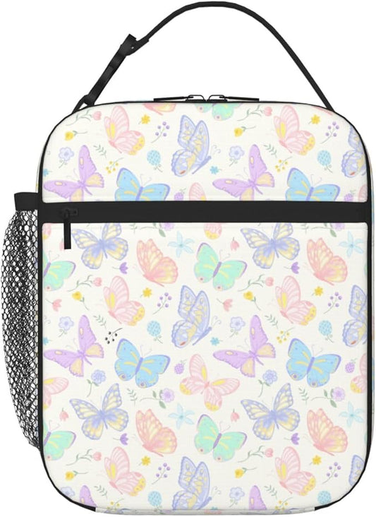Watercolor Butterflies Insulated Lunch Bag,Kids Lunch Box For Girls Boys Teen,Kid Lunch Box Cooler Bag With Front Pocket For Women Men,Reusable Lunch Tote Bag Lunchbox For School/Work/Picnic/Office