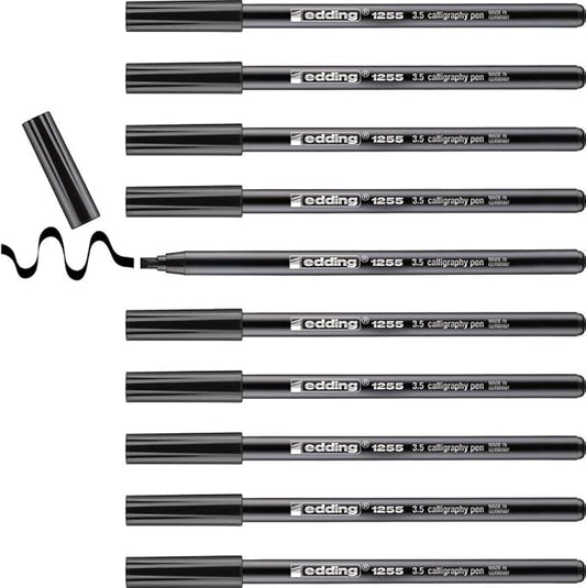 edding 1255 Calligraphy Pen - Black - Box of 10 - Calligraphy Nib 3.5 mm - Fibre Pen for Paper, Wood, Terracotta, Canvas - Hand Lettering, Bullet journals, Thank You Cards, Calligraphy Books