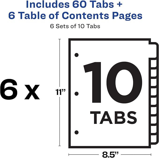 Avery 10 Tab Dividers for 3 Ring Binders, Customizable Table of Contents, Multicolor Tabs, 6 Sets (11188)