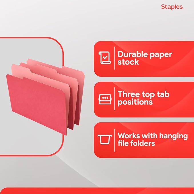 Staples File Folders, Letter Size, 1/3‑Cut Tabs, Red, Durable 10.5‑Point Paper Stock, 100/Pack