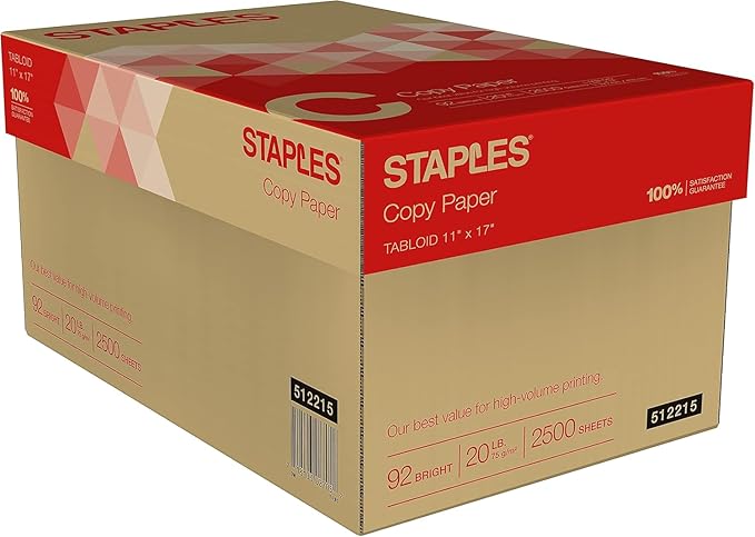 Staples Copy Paper, 11" x 17", 92 Brightness, 20 lbs., Ledger Size Paper, For Office, School & Home