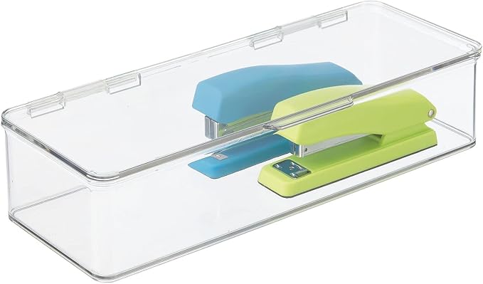 mDesign Office Supplies Desk Organizer Box with Lid for Staplers, Scissors, Pens, Sticky Notes, Highlighters, Tape - 3" Tall, Long, Clear