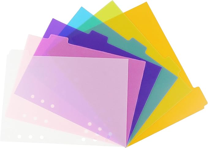 2 Pack A5 Binder Dividers 6 Tabs Bright Color Plastic Binder Index Tabs Planner Divider for Round Ring Binder Sheet Protector (Transparent, 12 Dividers)