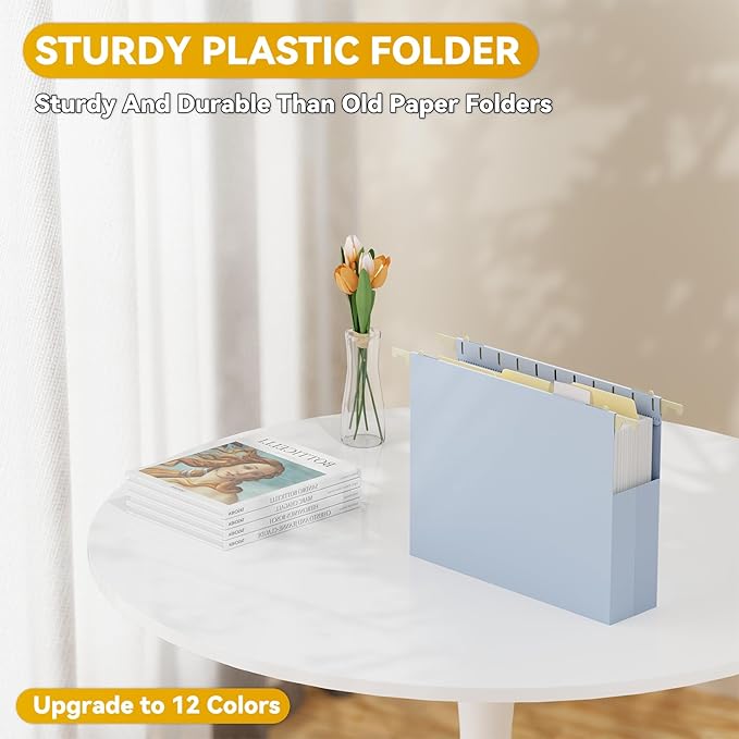 Letter Size Hanging File Folders Extra Capacity,2" Expandable Plastic Hanging File Organizer for Filing Cabinet Office Home,12 Pack Sturdy Pastel Heavy Duty Hang Folder with Tabs,for File Box
