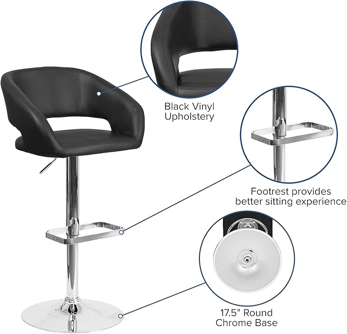 Flash Furniture Erik Comfortable & Stylish Contemporary Barstool with Rounded Mid-Back and Foot Rest, Adjustable Height - Black Vinyl with Chrome Base