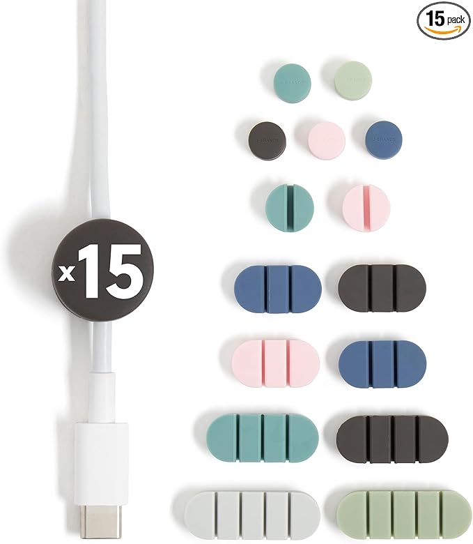 U Brands Adhesive Cord Organizers, Set of 15 Cable Clips, Office Desk Accessories, Office Supplies, Assorted Colors