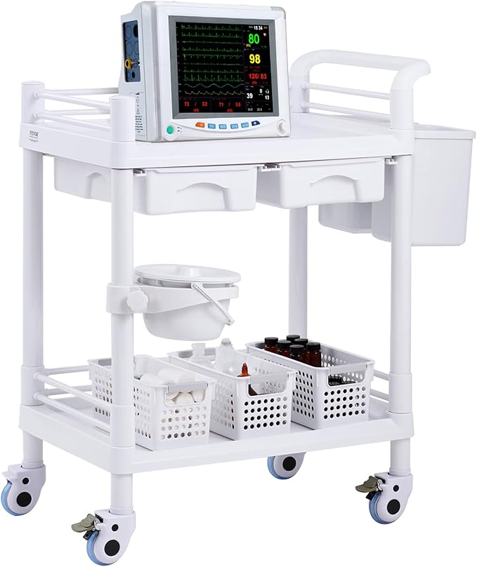 VEVOR Medical Mobile Trolley Cart with 2 Drawers & 3 Trash Cans, 2 Tiers Beauty Salon Rolling Trolley with 4 Silent Wheels & 2 Dirts Bucket & Bowl, Medical Utility Cart for Hospital Dental Clinic Lab