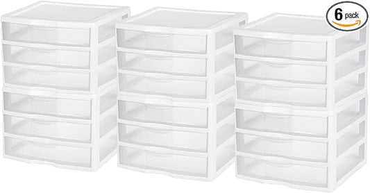 Sterilite 6-Pack Wide 3 Drawer Unit, Plastic Desktop Organizer with Clear Drawers, White Frame - Stackable Multi-Purpose Storage for Office Supplies, Craft Rooms, Classrooms and Home Organization