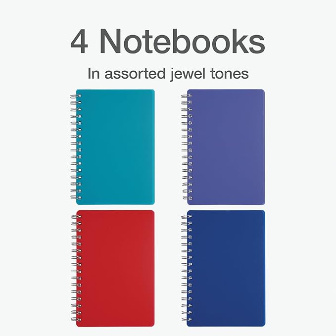 Oxford Poly Spiral Notebooks, Small 5.7" x 8.5" Book, Thick Poly Cover, White Paper, College Rule, 80 Sheets/160 Pages, Jewel Tones, 4 Pack (69720)