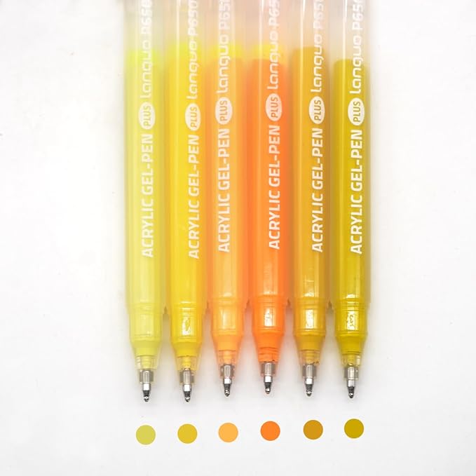 Acrylic Gel Pens for Coloring Books, Quick Dry 6 Pcs 1.0mm Fine Point Gel Marker Pen for Drawing, Journaling Art, Warm Yellow