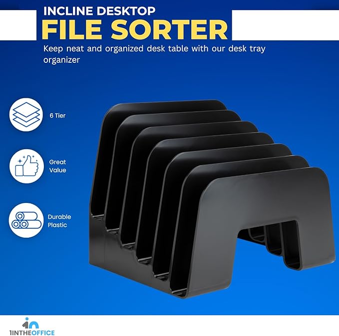1InTheOffice Incline Desktop File Sorter, 6 Compartments Step Sorter, Black