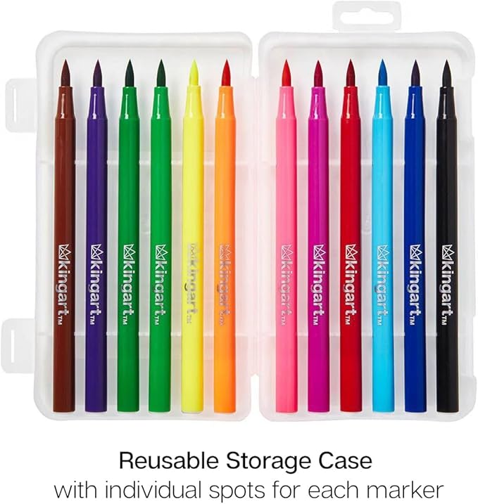 KINGART 'Watercolor-Effect' Brush Markers, 12 Colors - Brightly Colored Markers, Journaling, Lettering, Kids and Adult Coloring Books, and More, Convenient Carrying Case