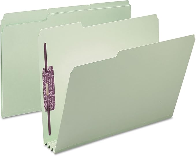 Smead Pressboard Fastener File Folder with SafeSHIELD Fasteners, 2 Fasteners, 1/3-Cut Tab, 3" Expansion, Letter Size, Gray/Green, 25 per Box (14944)