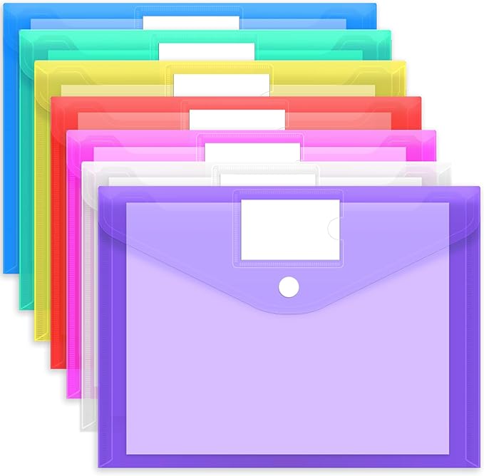 EOOUT 7pcs Plastic Envelopes Poly Envelopes, Clear Document File Folders with Hook & Loop Closure, A4 Size with Label Pocket for School Home Work Office Organization