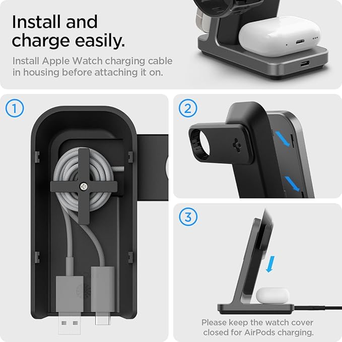 Spigen for 3 in 1 Charging Station, Qi2 MagSafe Charger Stand 15W Compatible with iPhone 17/16/15/14/13/12 Apple Watch Ultra 3/2/1 Apple Watch 11/10/9/8/7/6/5/4/3/2/1/SE AirPods Pro 3/2/1 AirPods 4/3
