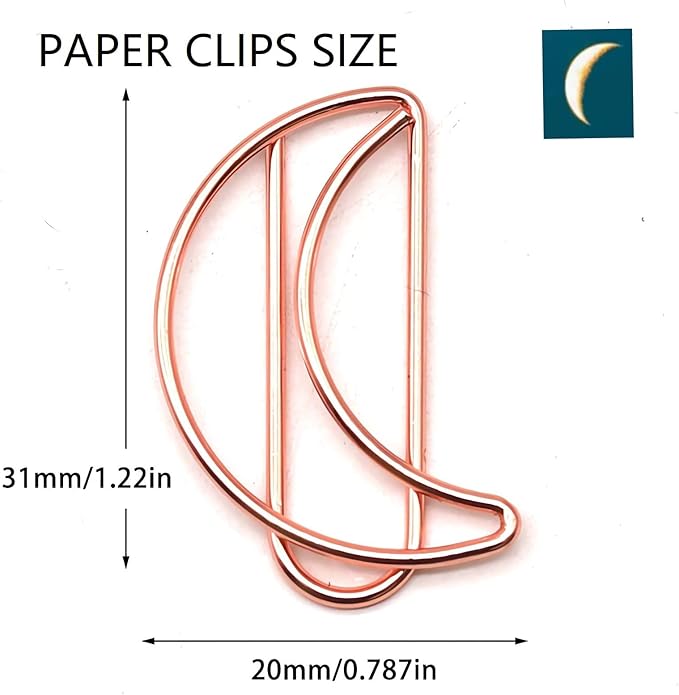 24 Pcs Metal Moon-Shaped Paper Clips Set in Gold, Silver, & Rose Gold - Cute Paperclips for Office and School File Organization, Party, and Wedding Decor