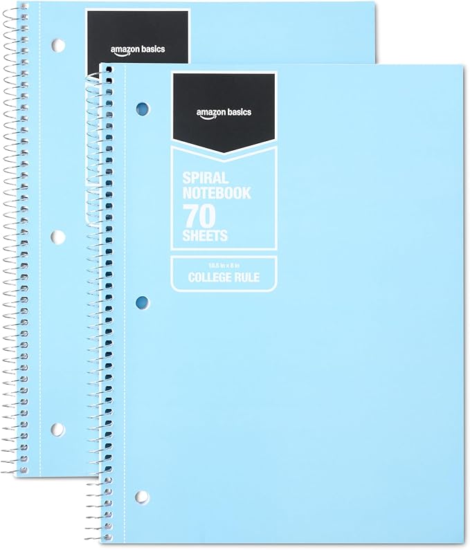 Amazon Basics Wide-Ruled Spiral Notebook, For Work and School, 70 Sheets, 8" x 10.5", Light Blue, 2-Pack