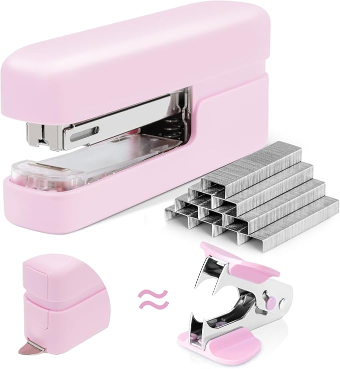 deli Stapler, Desktop Staplers with Integrated Staple Remover, 45 Sheet Capacity Office Stapler, Pink