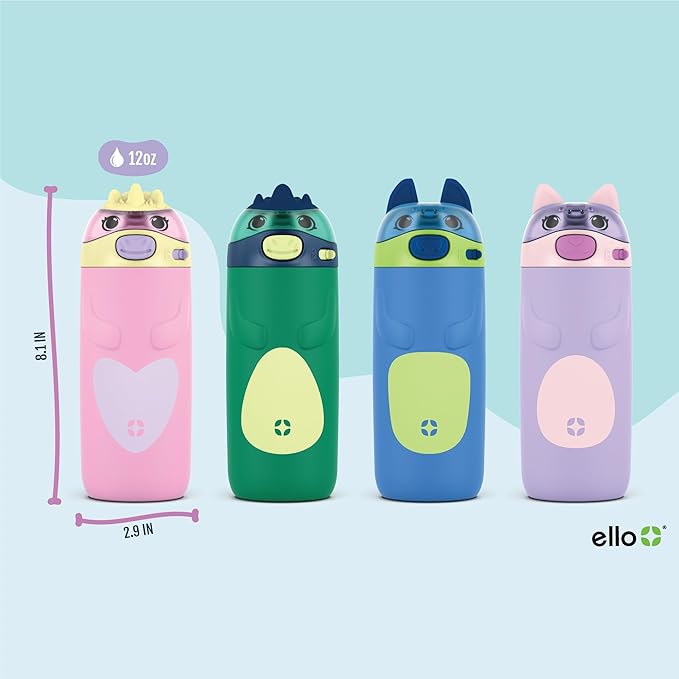 Ello Ellies 12oz Vacuum Insulated Stainless Steel Kids Water Bottle with Straw & Built-in Carrying Handle & Leak-Proof Locking Lid for School Backpack, Lunchbox and Outdoor Sports, Cat (Pack of 6)