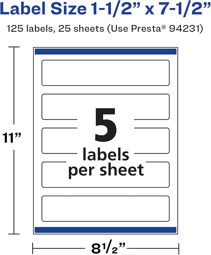 Avery Glossy White Rectangle Labels, Sure Feed Technology, 1.5" x 7.5", 125 Glossy White Labels, Print-to-The-Edge, Permanent Adhesive, Laser/Inkjet Printable