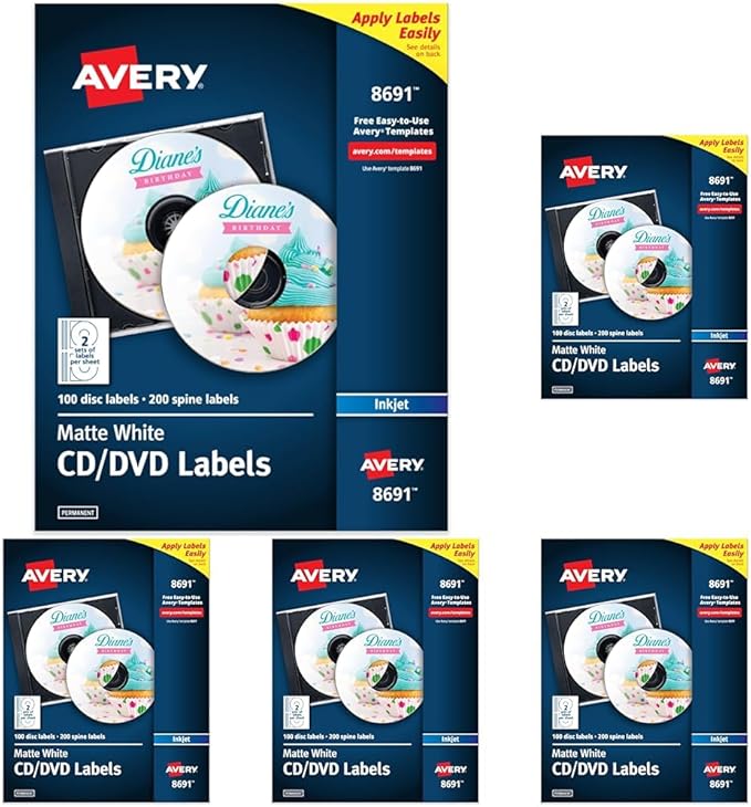 Avery Printable CD Labels, Matte White, Permanent Adhesive, Inkjet Printer Compatible, 100 Disc & 200 Spine Labels, Ideal for CDs, DVDs, PC Discs, Media Projects (8691) (Pack of 5)