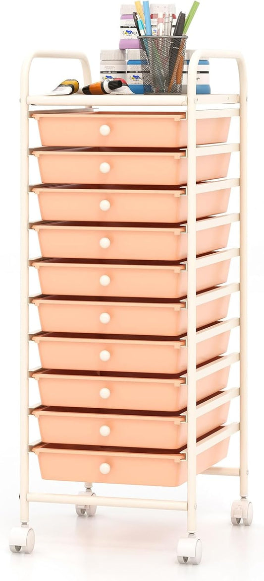 COSTWAY 10-Drawer Rolling Storage Cart, Utility Mobile Trolley with Removable Drawers & Universal Casters & 2 Brakes, Versatile Flexible Drawer Organizer Cart for Home, Office, Peach