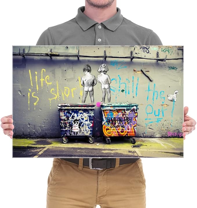 Wieco Art Gallery Wrapped Canvas Prints Life is Short Chill the Duck Out Banksy Boys Artwork Reproduction Graffiti Poster Print on Canvas Wall Art for Bedroom Home Kitchen Decorations