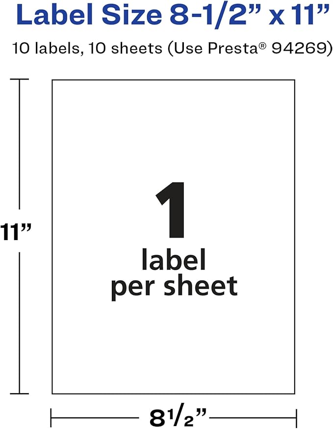 Avery Glossy White Rectangle Labels, 8.5" x 11", 10 Glossy White Labels, Permanent Adhesive, Laser/Inkjet Printable