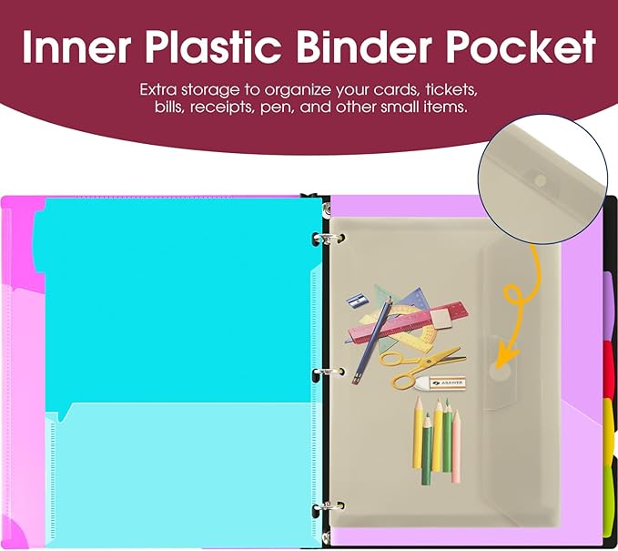 INFUN 1 Inch 3-Ring Telescoping Project Organizer Binder,13 Pocket, Customizable Front Cover, 5 Colors Pocket Divider and Plastic Binder Pocket，225 Sheet Capacity-Pink