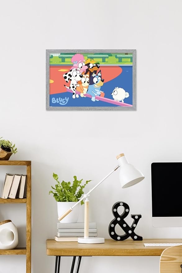 Bluey (2018) - Bluey and Friends See Saw Fun Wall Poster, 22.4L" x 14.7W", Gray Framed Version