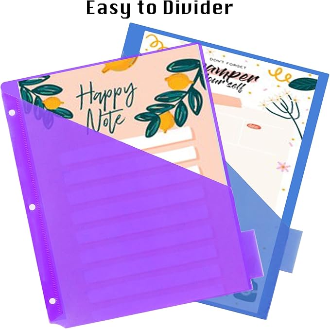 6 Count Binder Dividers with Front Pocket, Plastic Binder with Tabs, 3 Ring Binder Divider Folders, Notebook Dividers Subject Dividers with Pocket
