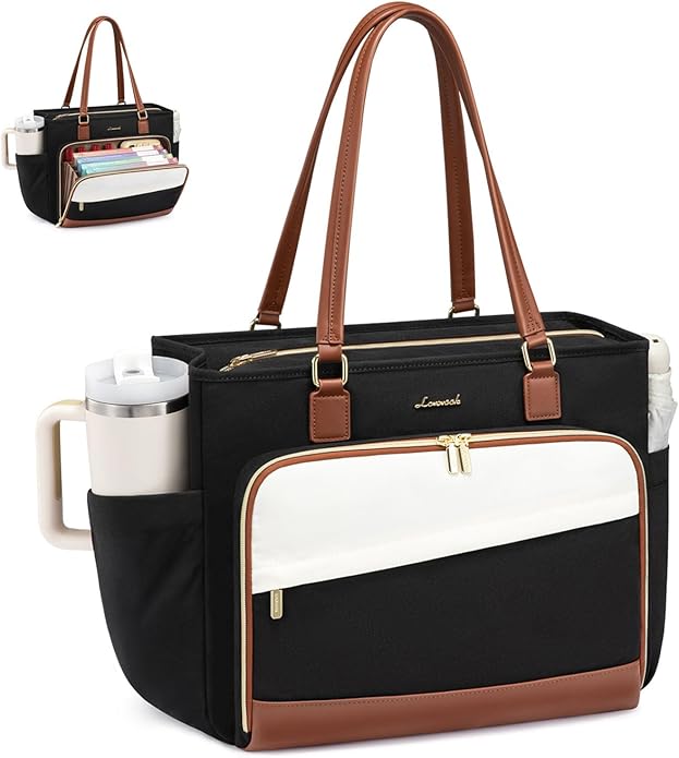 LOVEVOOK Teacher Tote Bag, Laptop Bag for Women with Large Cup Holder & Accordion File Area, Work Tote Bag for Business