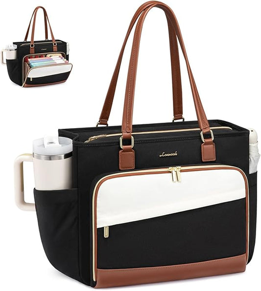 LOVEVOOK Teacher Tote Bag, Laptop Bag for Women with Large Cup Holder & Accordion File Area, Work Tote Bag for Business